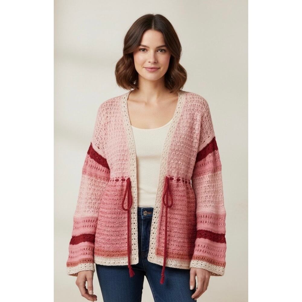 Sundance Mixed Knit Boho Cardigan Pink Ombre Striped Bell Sleeve Tie-Front sz M